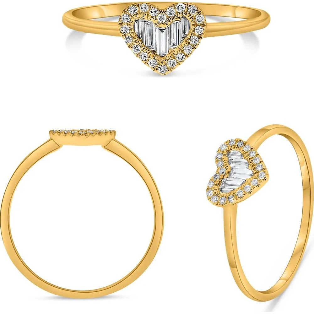 Roman & Jules - 18K Yellow Gold Heart-Shaped Ring with Baguette and Round Diamonds - 0.15 Carat Total Diamond Weight