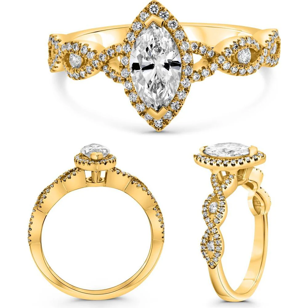 Roman & Jules - 18K Yellow Gold Marquise Diamond Ring with Halo and Twist Shank Design - 0.89 Carat Total Diamond Weight