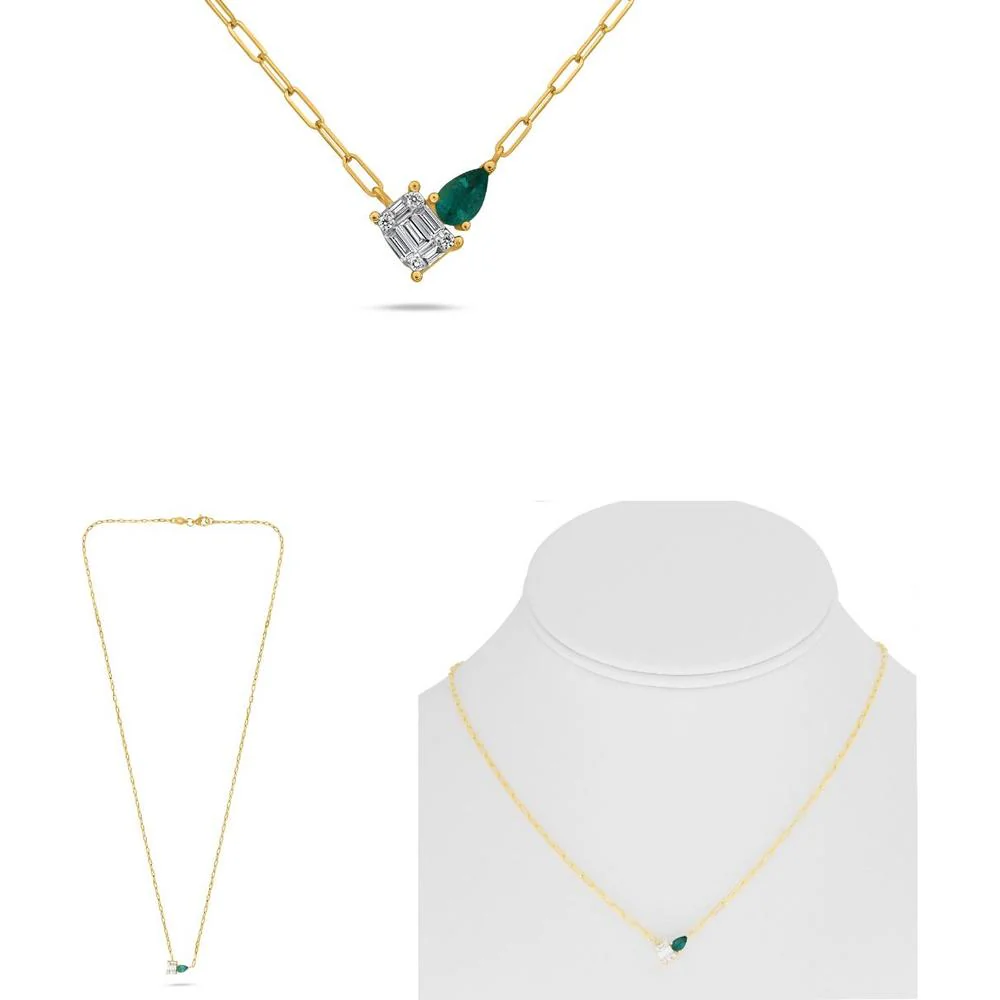 Roman & Jules - 18K Yellow Gold Necklace with Pear Drop Emerald and Baguette Diamond Accents - 0.16 Carat Emerald, 0.11 Carat Total Diamond Weight