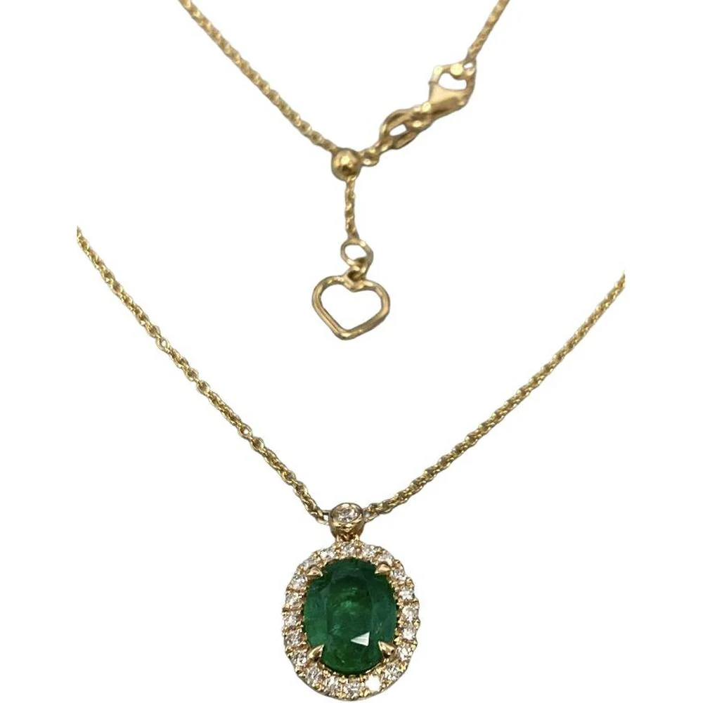 Roman & Jules - 18K Yellow Gold Oval Emerald Halo Necklace with Round Diamonds - 0.23 Carat Total Diamond Weight