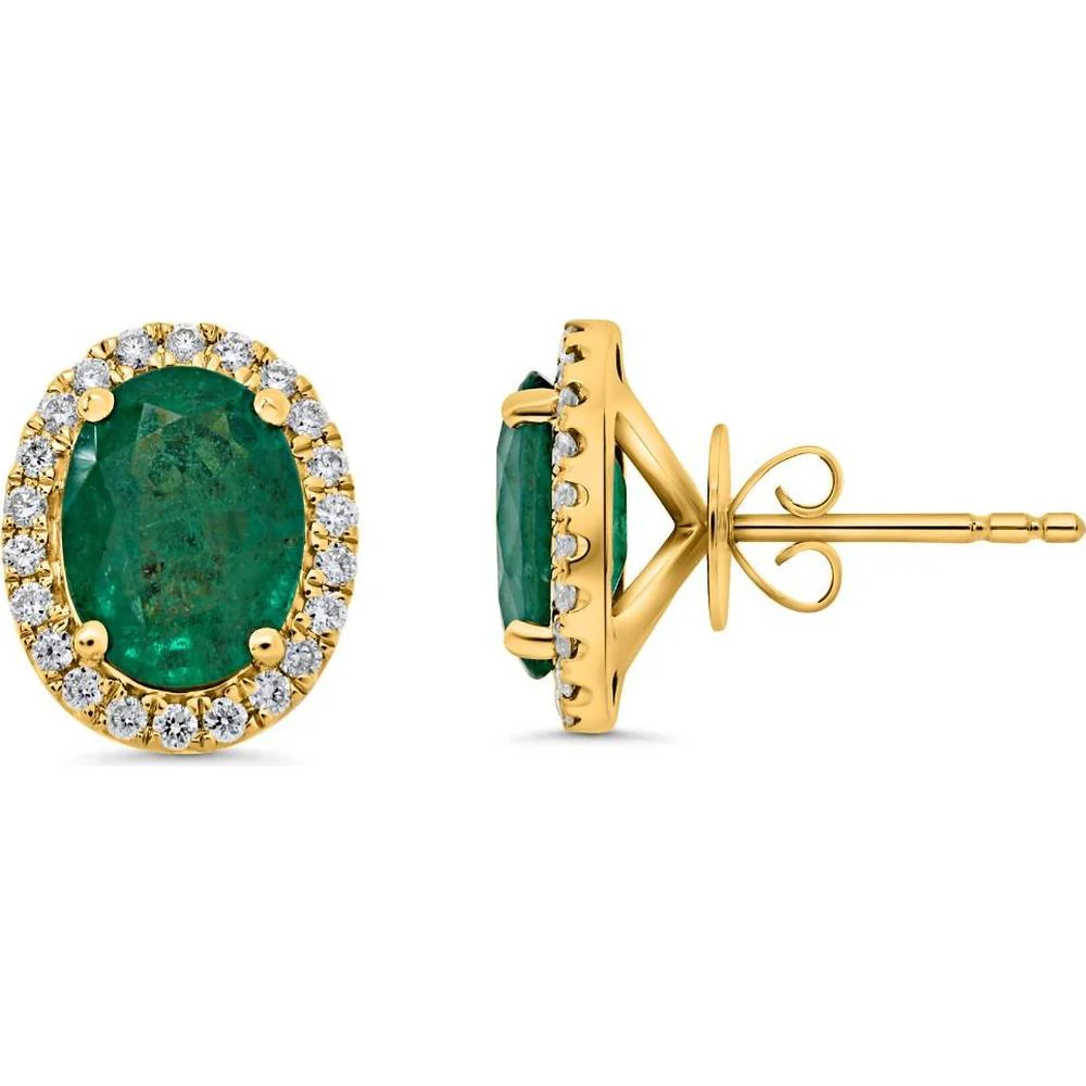 Roman & Jules - 18K Yellow Gold Oval Emerald Halo Stud Earrings with Round Diamond Accent - 1.31 Carat Total Emerald Weight