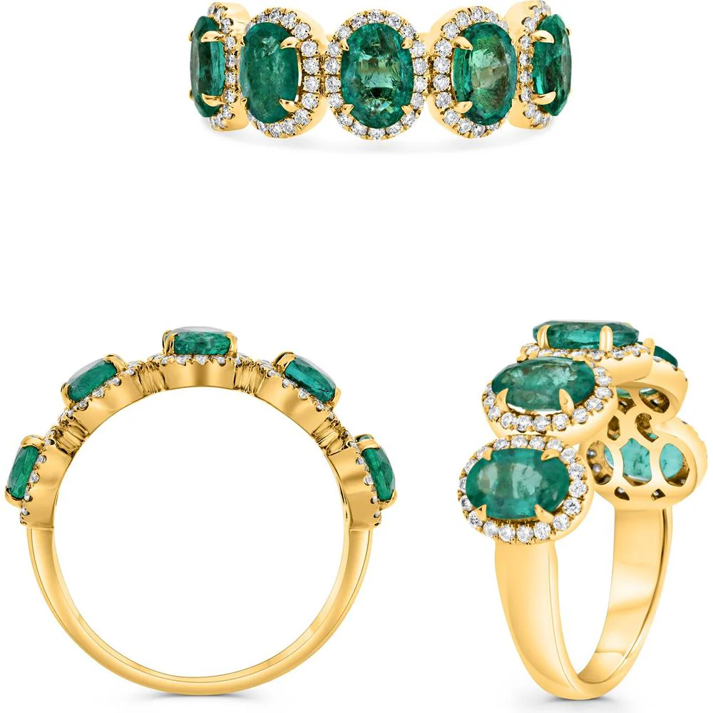 Roman & Jules - 18K Yellow Gold Oval Emerald Ring with Diamond Halo - 2.10 Carat Total Emerald Weight, 0.35 Carat Total Diamond Weight