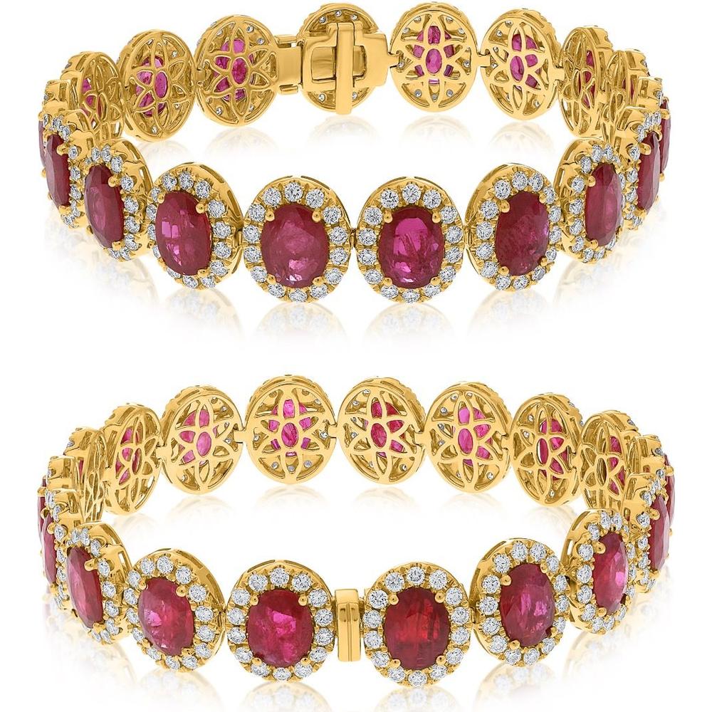 Roman & Jules - 18K Yellow Gold Oval Ruby and Diamond Halo Bracelet - 4.97 Carat Total Diamond Weight, 19.72 Carat Total Ruby Weight