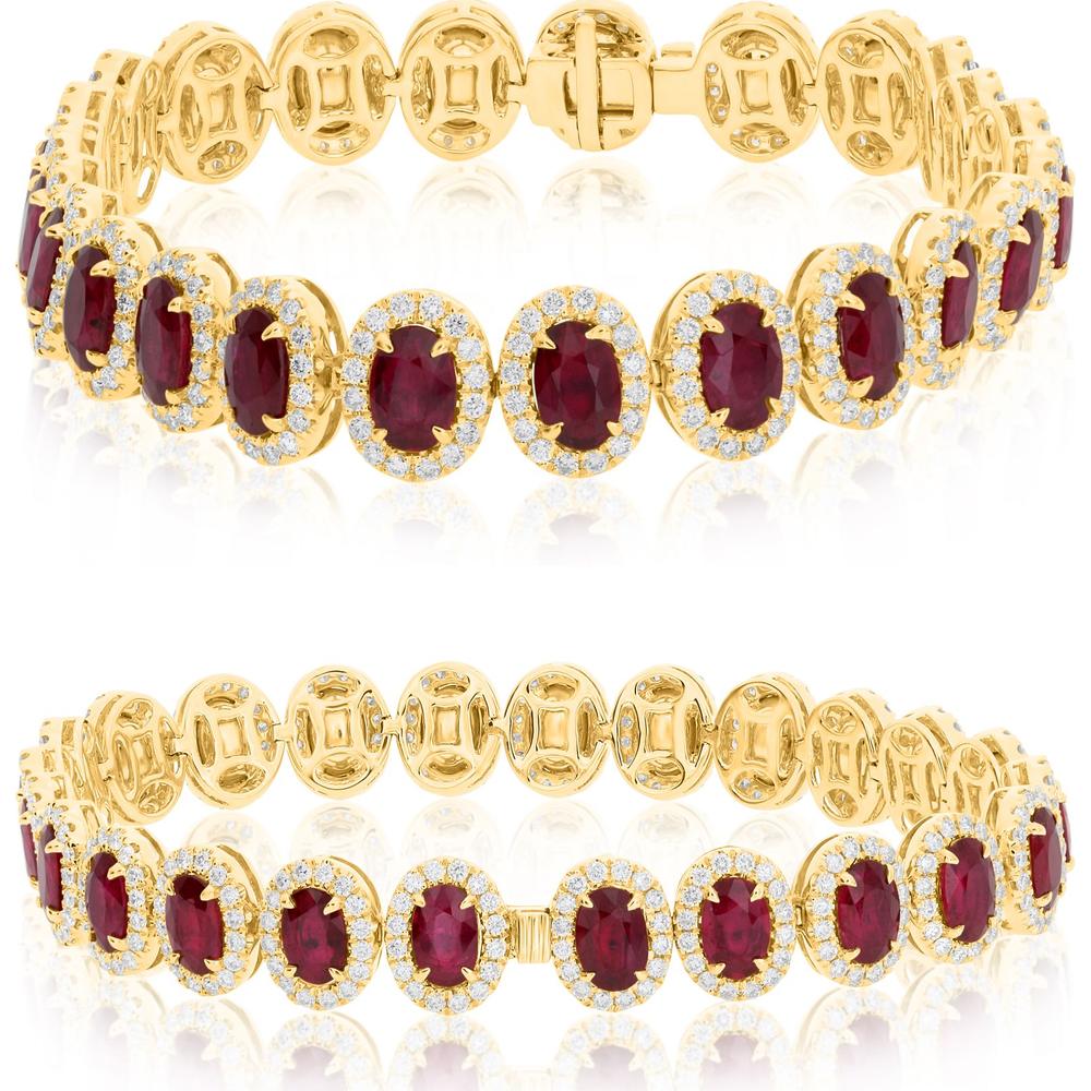 Roman & Jules - 18K Yellow Gold Oval Ruby and Round Diamond Tennis Bracelet with Halo Setting - 2.54 Carat Total Ruby Weight, 9.48 Carat Total Diamond Weight