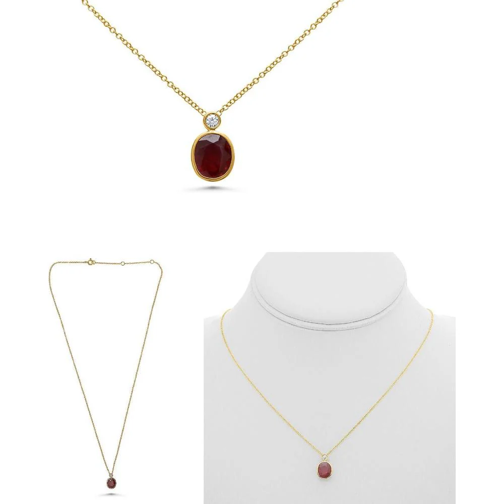 Roman & Jules - 18K Yellow Gold Oval Ruby Necklace with Bezel Set Round Diamond - 1.74 Carat Total Gem Weight