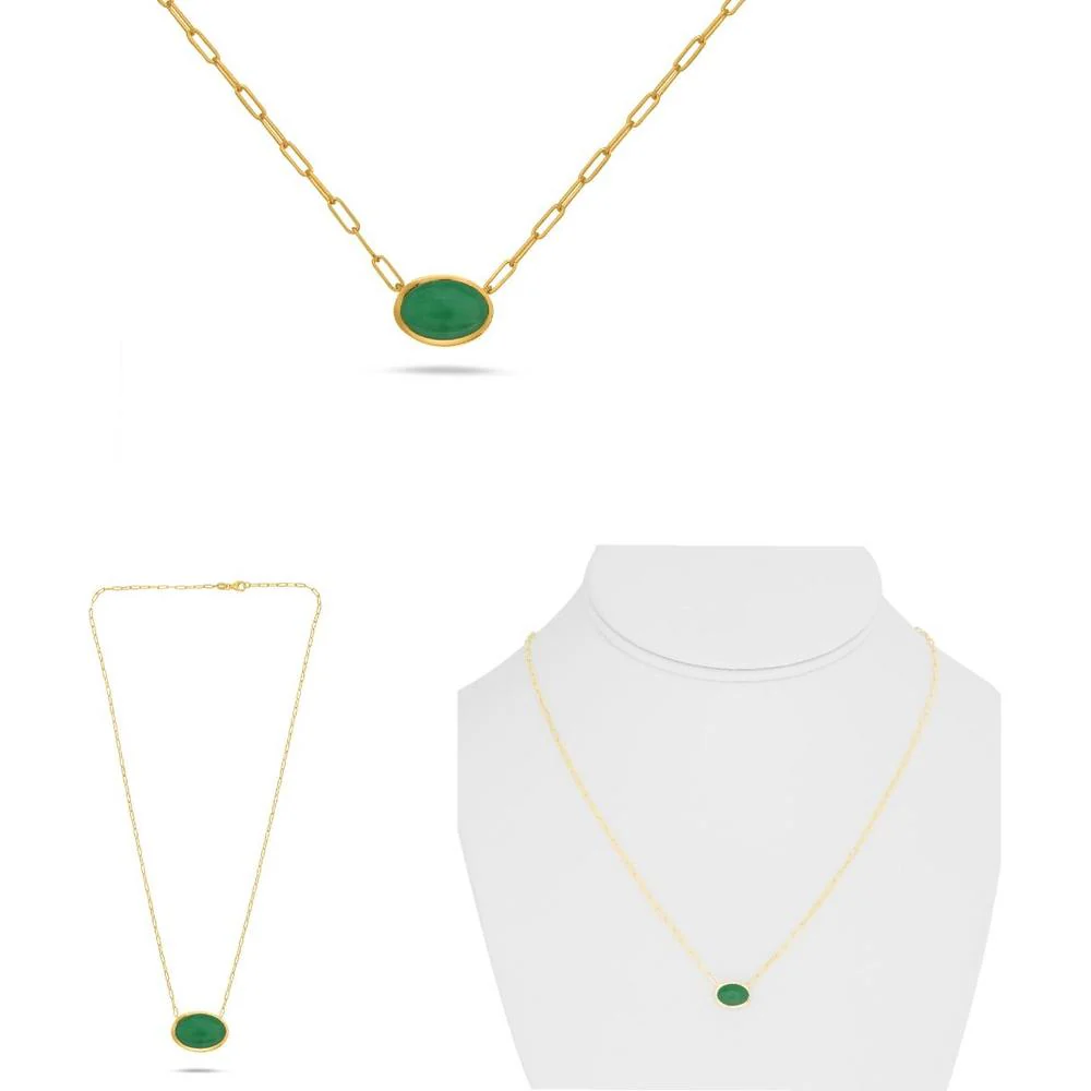 Roman & Jules - 18K Yellow Gold Paper Clip Chain Necklace with 1.17 Carat Bezel Set Oval Emerald