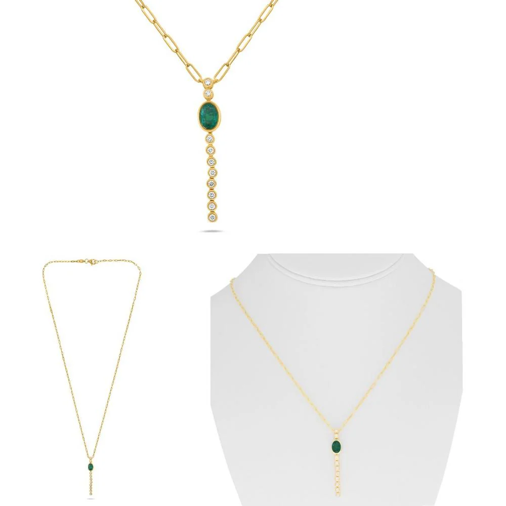 Roman & Jules - 18K Yellow Gold Paper Clip Chain Necklace with Oval Bezel Set Emerald and Round Diamonds - 0.63 Carat Emerald, 0.25 Carat Total Diamond Weight