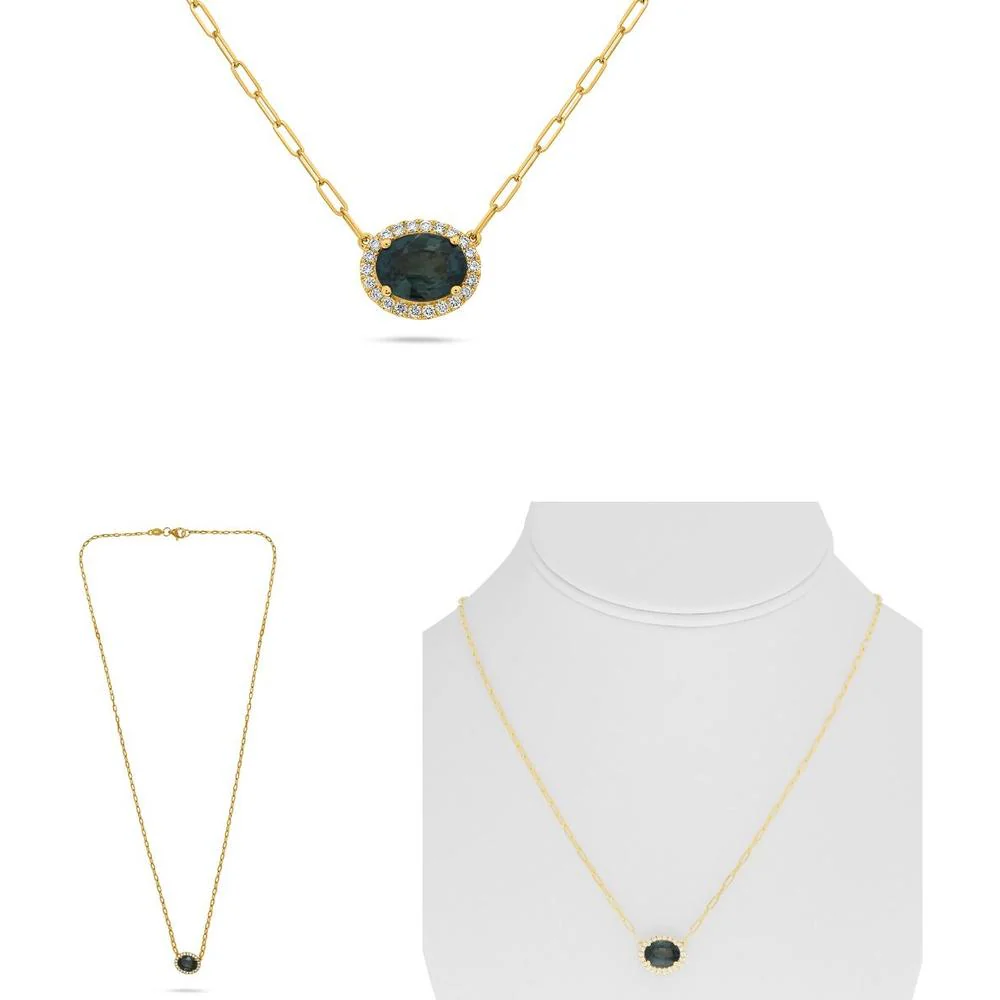 Roman & Jules - 18K Yellow Gold Paper Clip Chain Necklace with Oval Green Sapphire and Round Diamond Accents