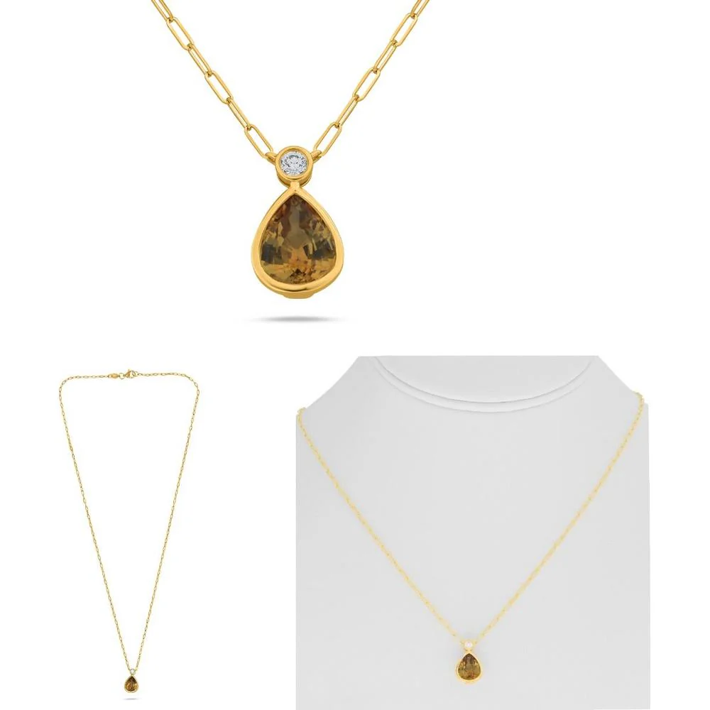 Roman & Jules - 18K Yellow Gold Paperclip Chain Necklace with Pear Shape Yellow Sapphire and Round Diamond Accent
