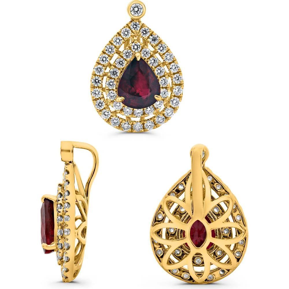 Roman & Jules - 18K Yellow Gold Pear Shape Ruby Earrings with Diamond Halo - 1.06 Carat Total Ruby Weight