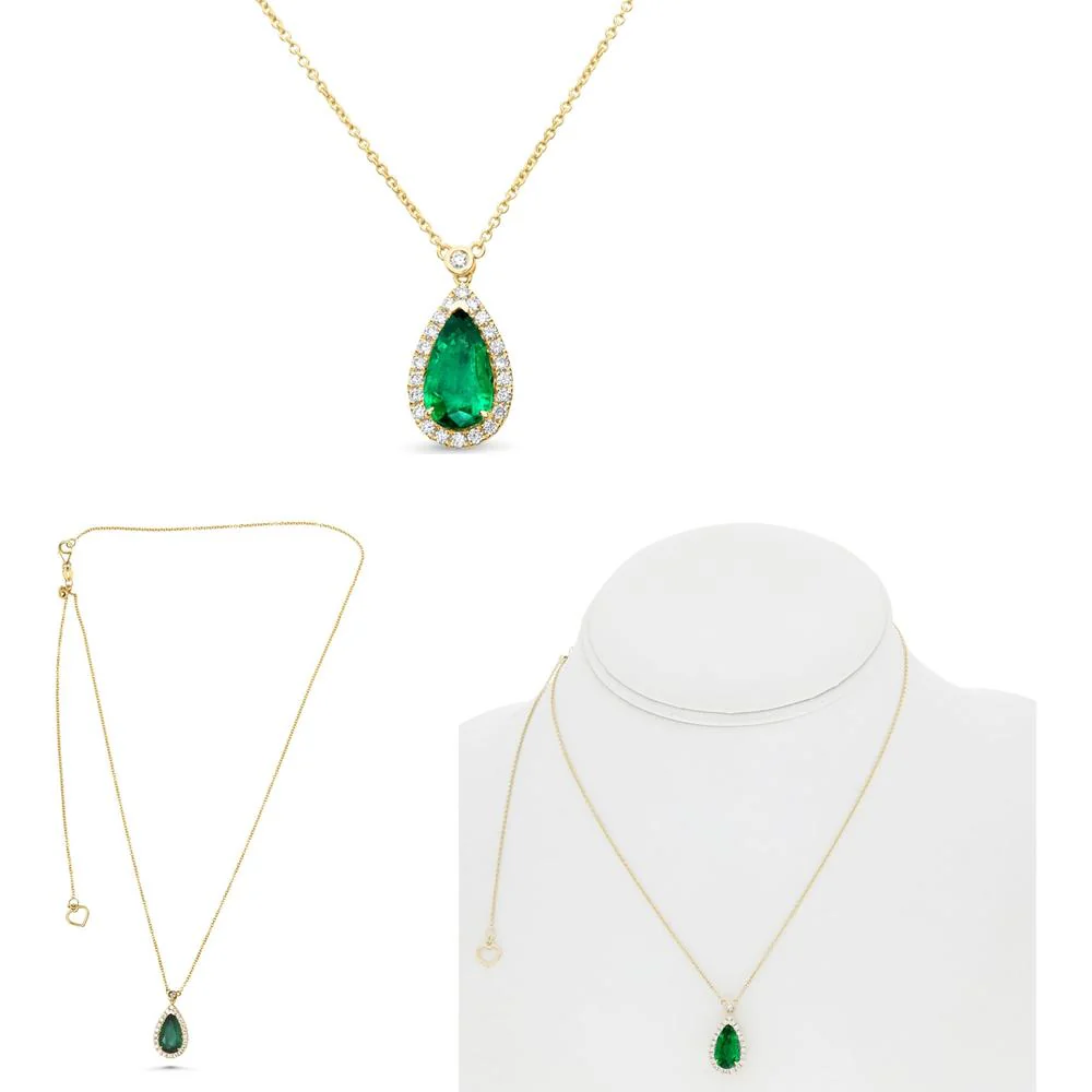 Roman & Jules - 18K Yellow Gold Pear-Shaped Emerald Necklace with Halo Round Diamonds - 1.86 Carat Total Emerald Weight