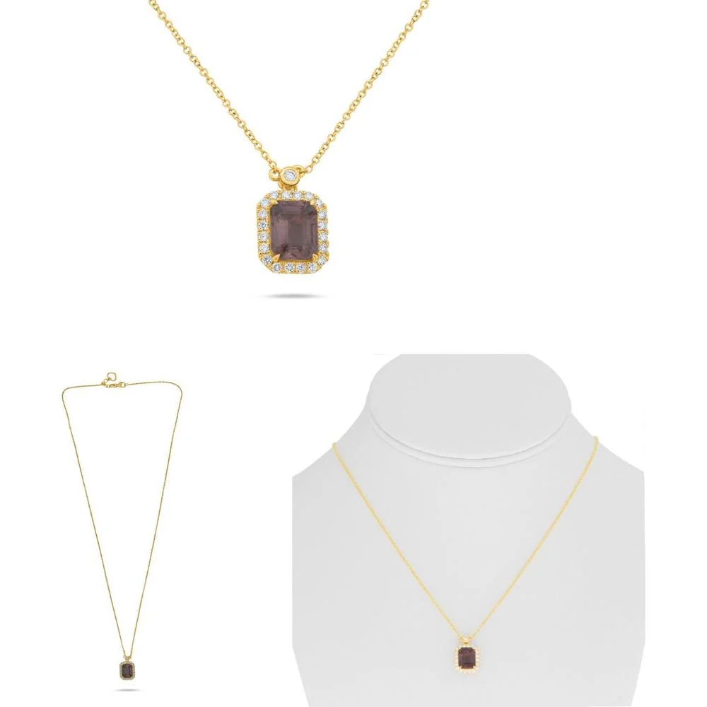 Roman & Jules - 18K Yellow Gold Pendant Necklace with Emerald Cut Pink Sapphire and Round Diamond Halo - 2.24 Carat Total Sapphire Weight