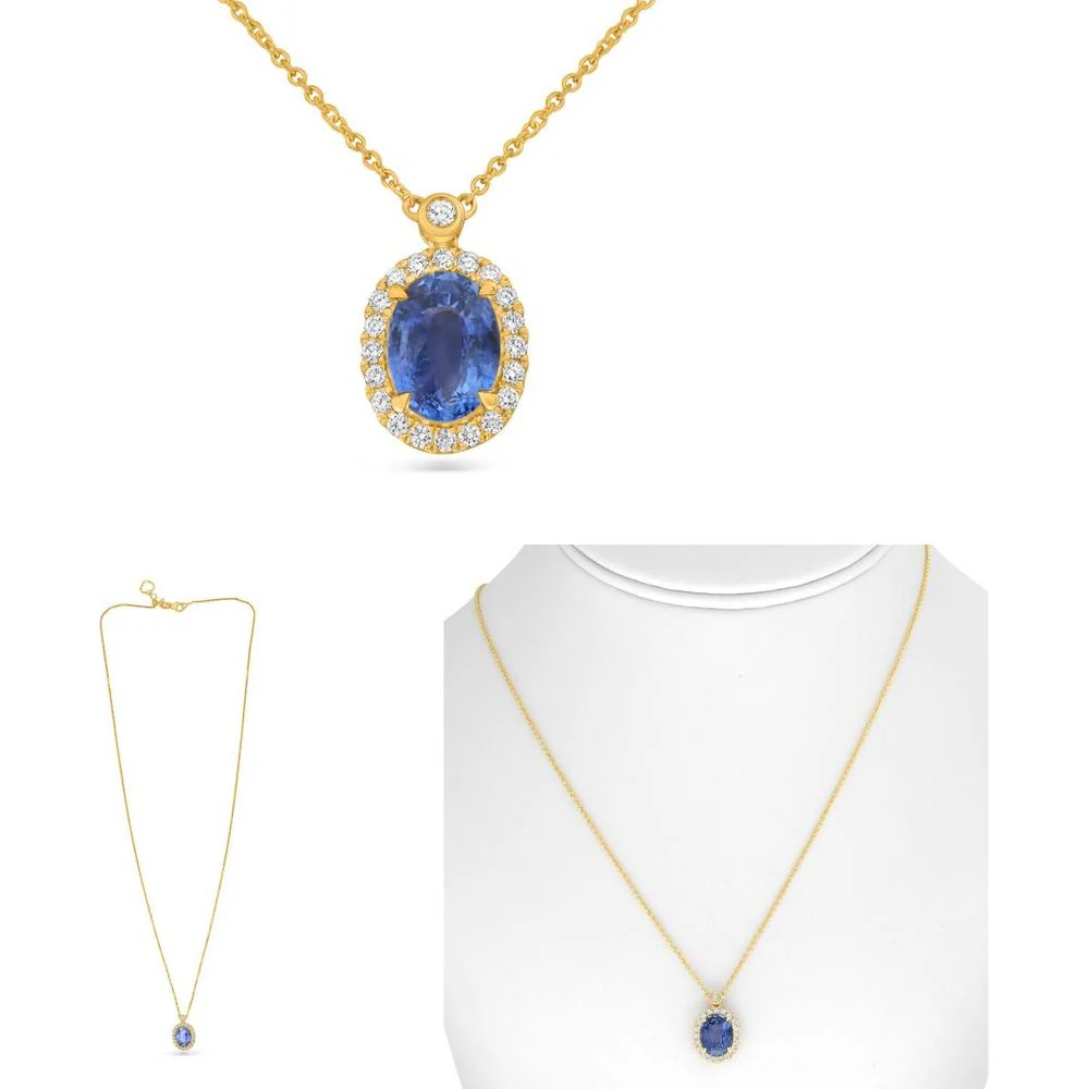 Roman & Jules - 18K Yellow Gold Pendant Necklace with Oval Sapphire and Round Diamond Halo - 1.32 Carat Sapphire, 0.22 Carat Diamonds