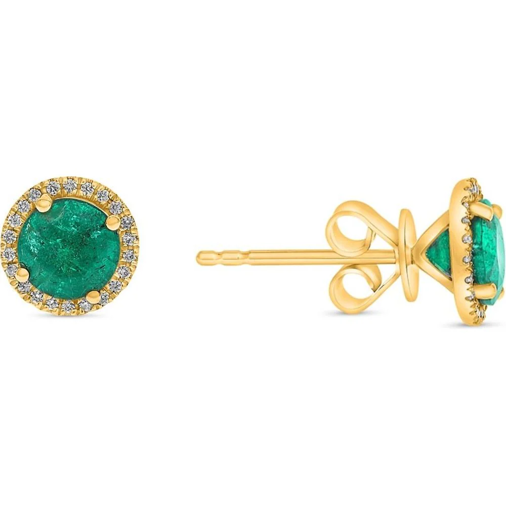 Roman & Jules - 18K Yellow Gold Round Emerald Stud Earrings with Diamond Halo - 0.91 Carat Total Emerald Weight, 0.08 Carat Total Diamond Weight