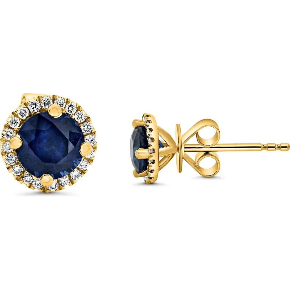 Roman & Jules - 18K Yellow Gold Round Sapphire and Diamond Halo Stud Earrings - 1.08 Carat Total Sapphire Weight, 0.09 Carat Total Diamond Weight