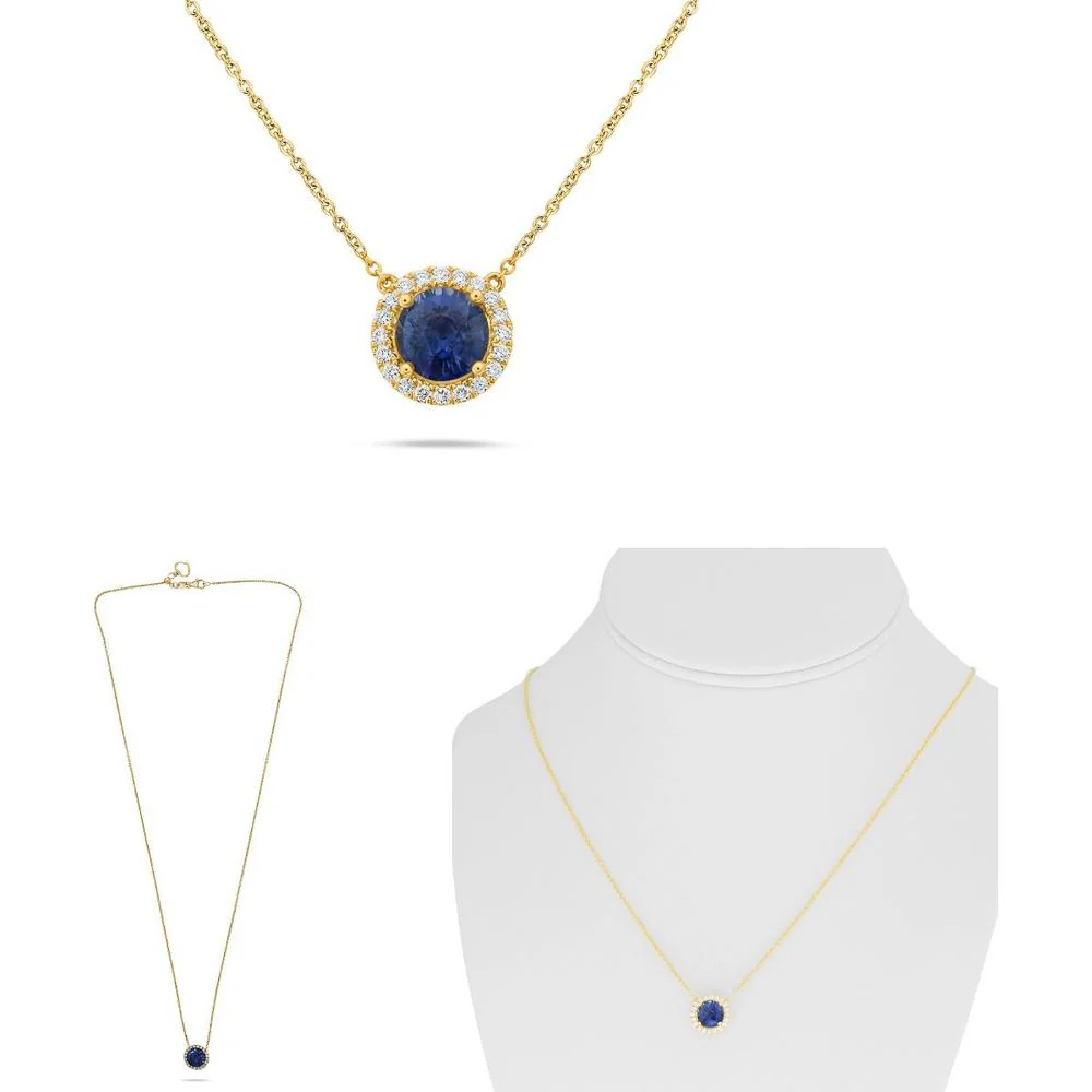 Roman & Jules - 18K Yellow Gold Round Sapphire Pendant Necklace with Diamond Halo - 1.71 Carat Sapphire, 0.17 Carat Total Diamond Weight