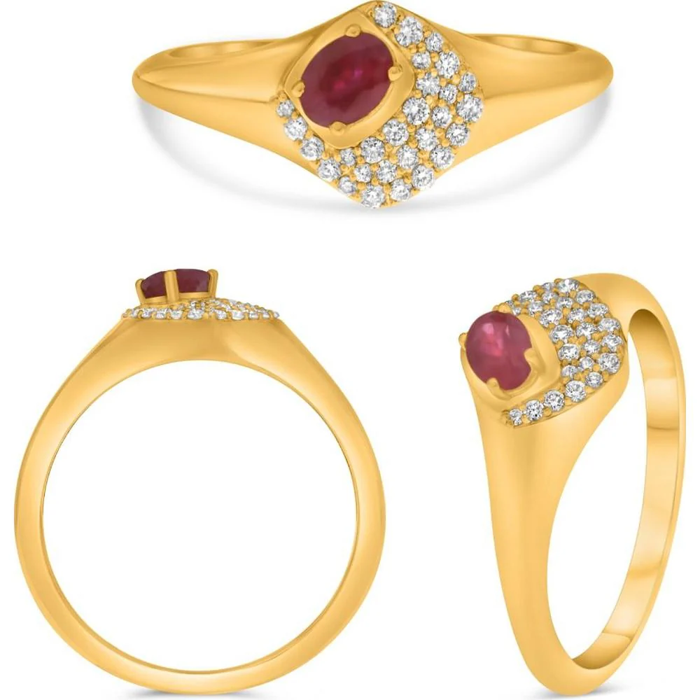 Roman & Jules - 18K Yellow Gold Ruby and Diamond Cluster Ring - 0.11 Carat Round Diamonds, 0.22 Carat Ruby