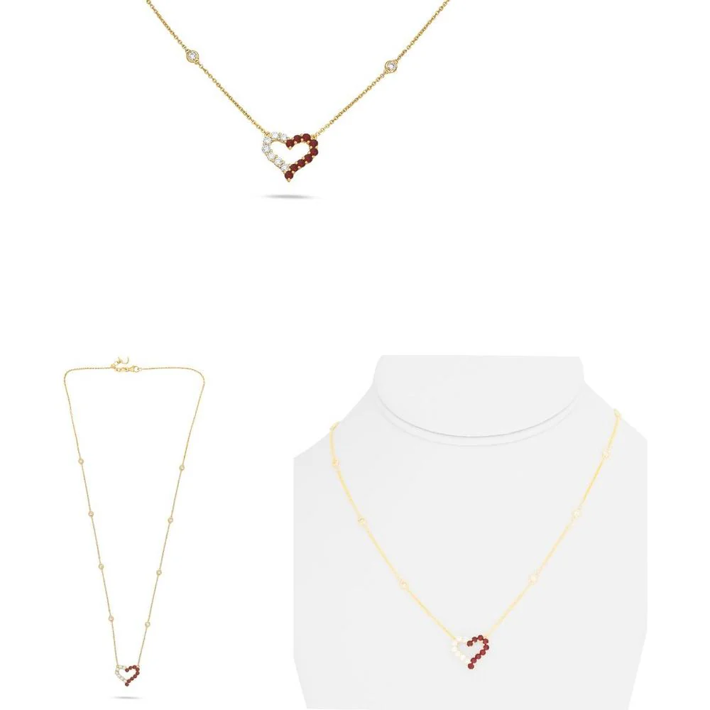 Roman & Jules - 18K Yellow Gold Ruby and Diamond Heart Necklace - 1.11 Carat Total Gem Weight