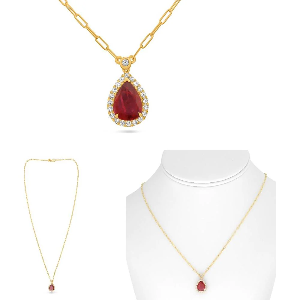 Roman & Jules - 18K Yellow Gold Ruby Paper Clip Necklace with Diamond Halo - 1.17 Carat Total Ruby Weight