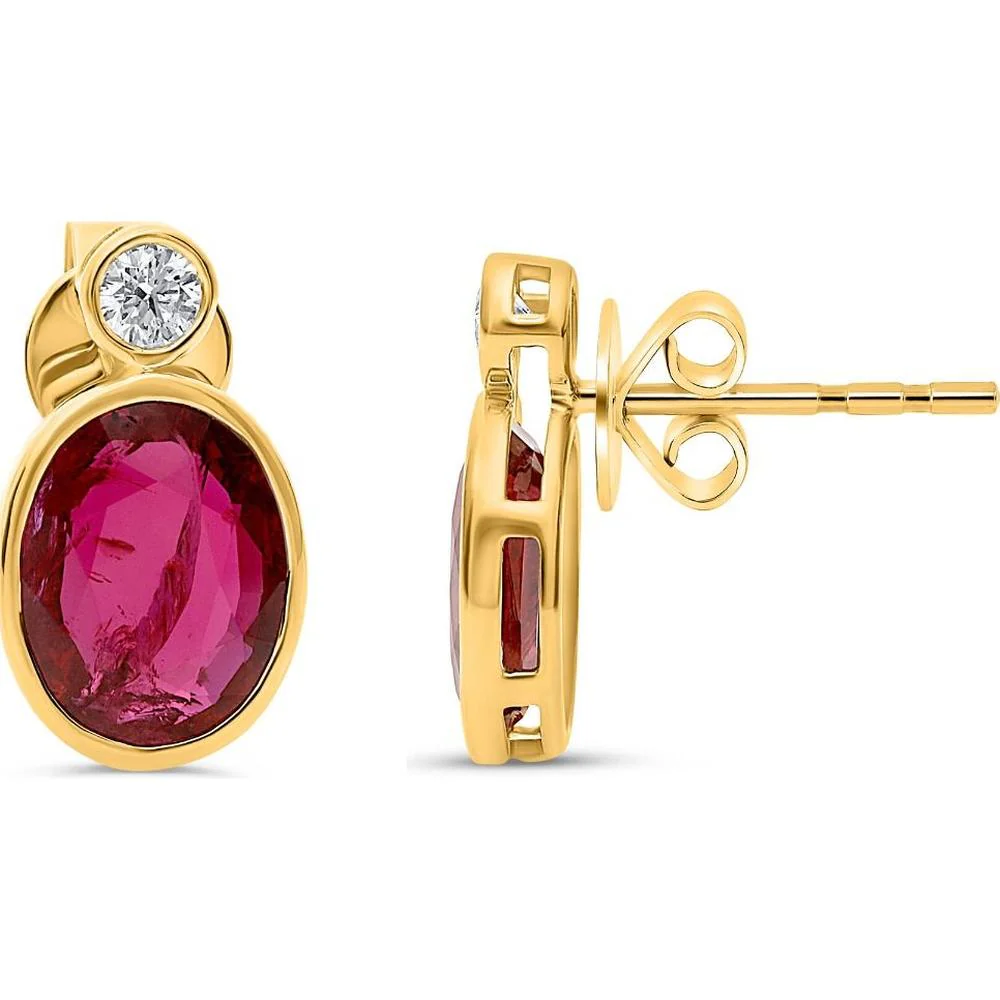 Roman & Jules - 18K Yellow Gold Ruby Stud Earrings with Round Diamond Accent - 3.12 Carat Total Ruby Weight
