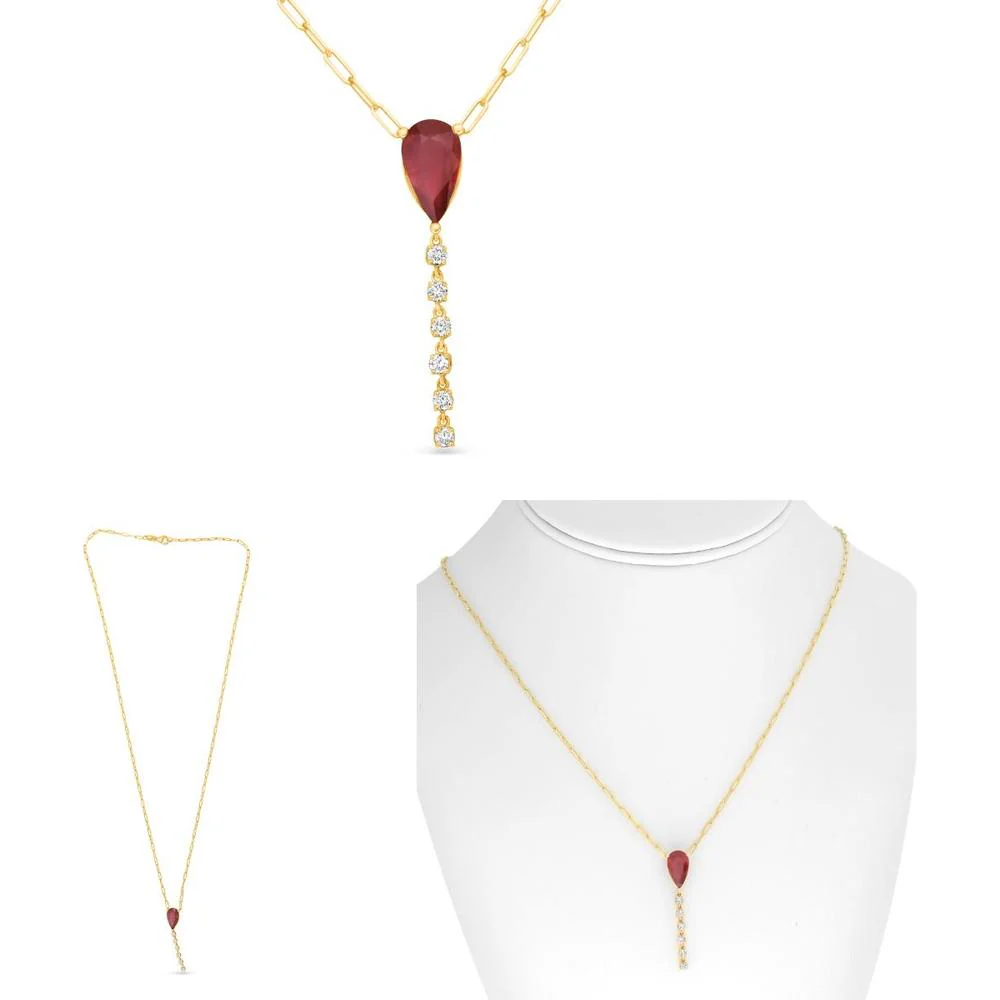 Roman & Jules - 18K Yellow Gold Ruby Teardrop Necklace with Round Diamond Pendant - 0.18 Carat Diamond Weight