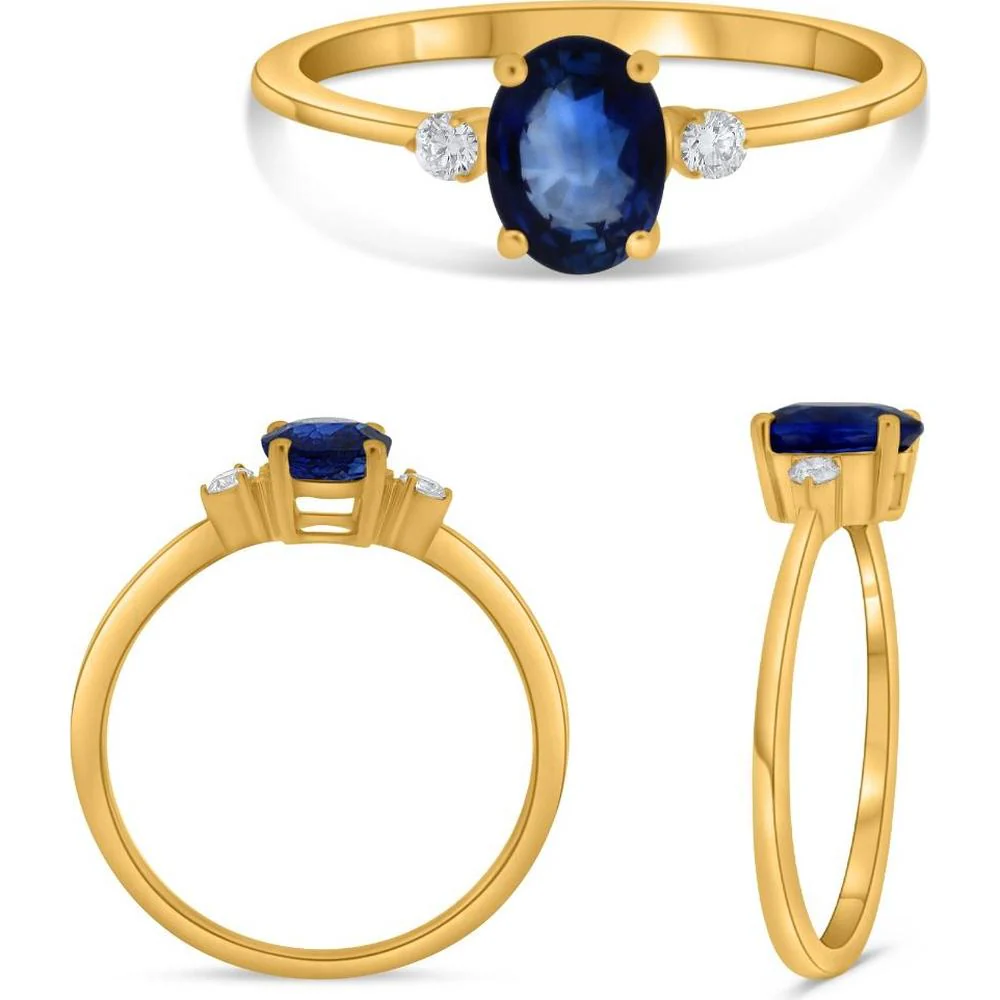 Roman & Jules - 18K Yellow Gold Sapphire and Double Diamond Ring with Oval Sapphire and Round White Diamonds