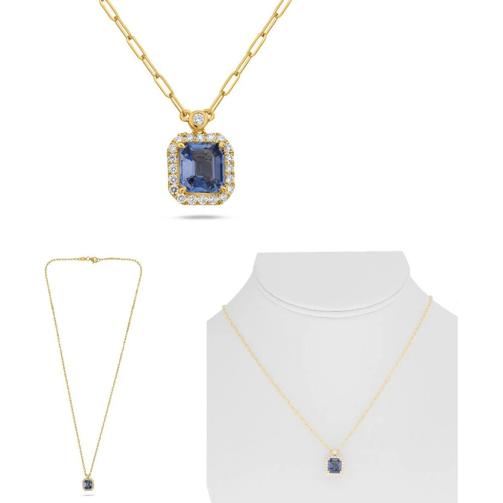 Roman & Jules - 18K Yellow Gold Sapphire Paper Clip Necklace with Diamond Halo - 0.25 Carat Total Diamond Weight