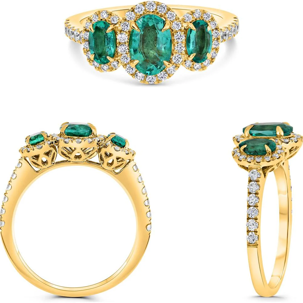 Roman & Jules - 18K Yellow Gold Three Stone Emerald and Diamond Halo Ring - 0.43 Carat Total Diamond Weight, 0.75 Carat Total Emerald Weight