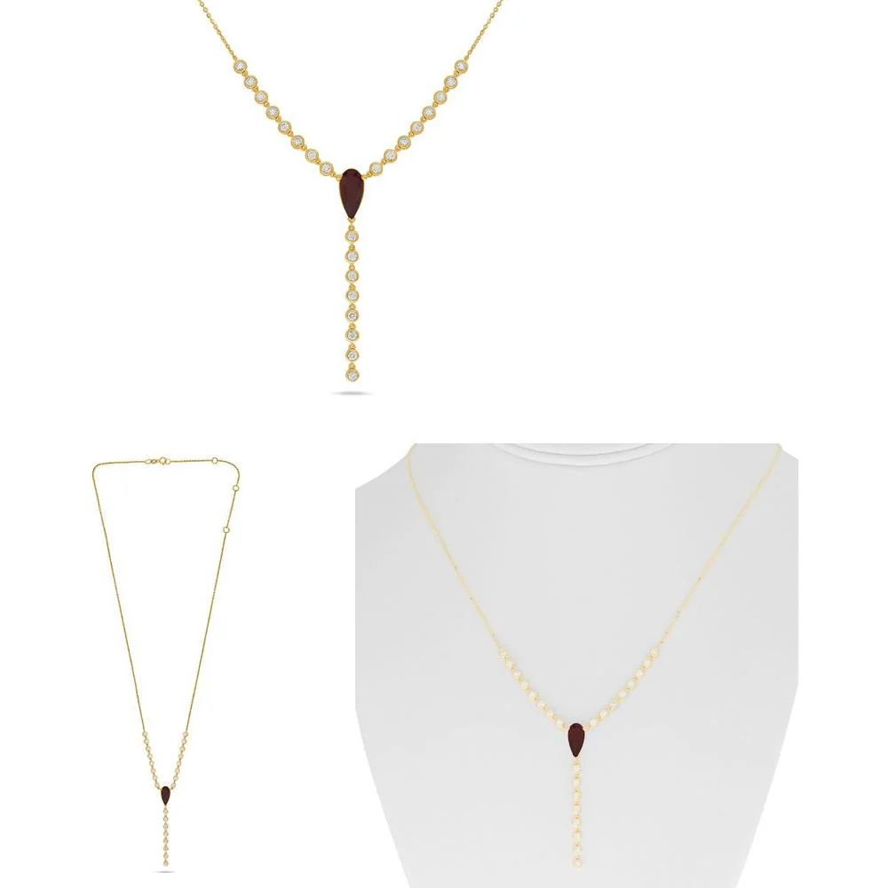 Roman & Jules - 18K Yellow Gold Y Drop Ruby Necklace with 0.66 Carat Round Diamonds