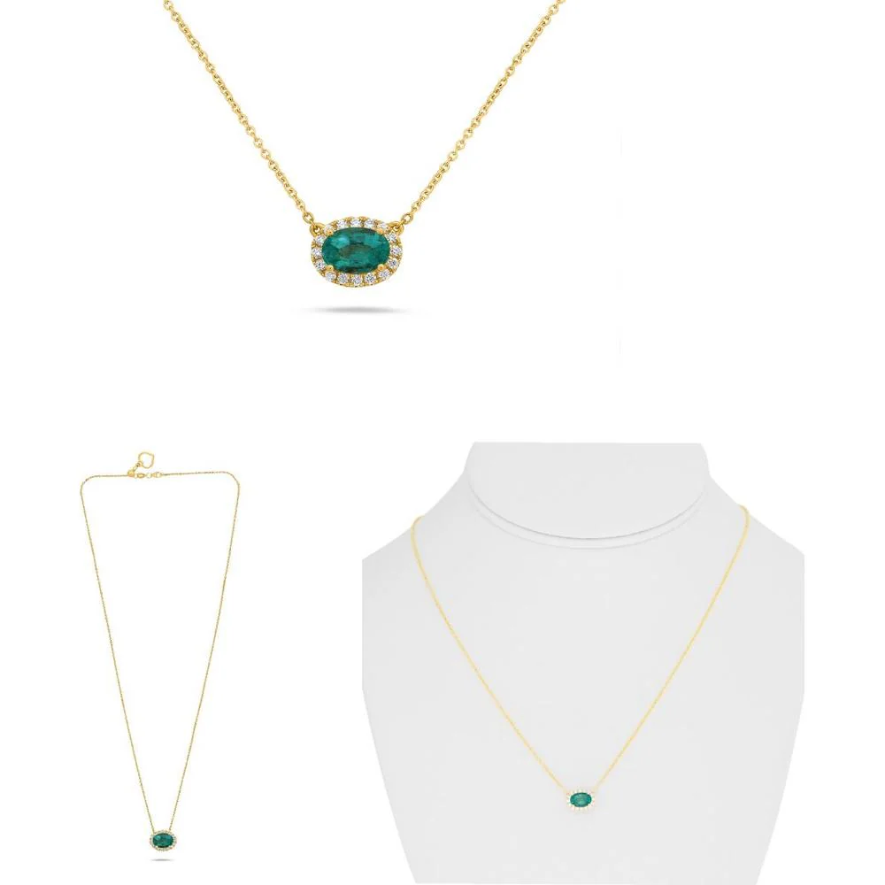 Roman & Jules - 18K Yellow Gold Y Necklace with Round Diamonds and 0.74 Carat Oval Emerald