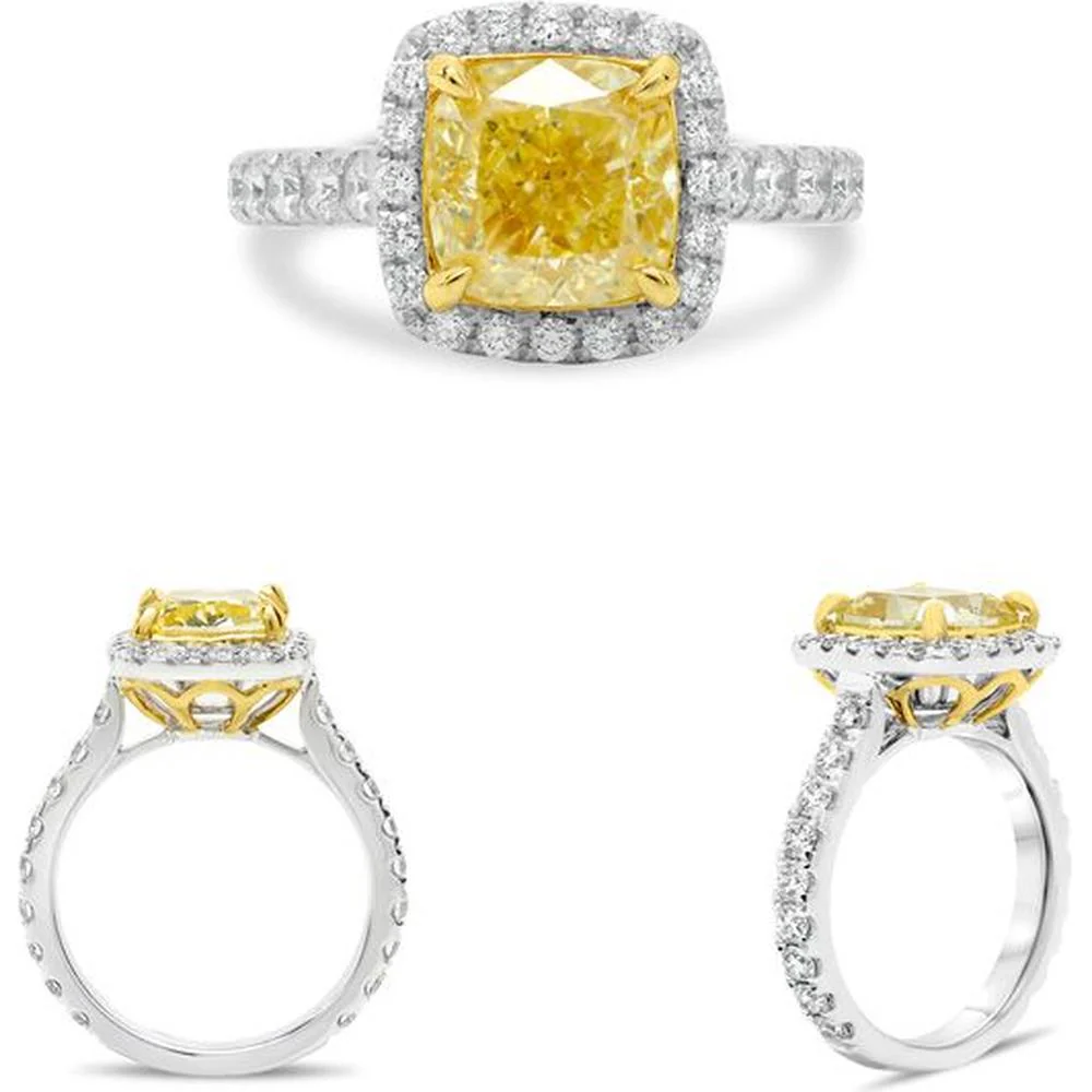 Roman & Jules - Platinum & 18K Yellow Gold Cushion Fancy Yellow Diamond Halo Ring with 3.00 Carat Center and 0.85 Carat Round Diamond Accents