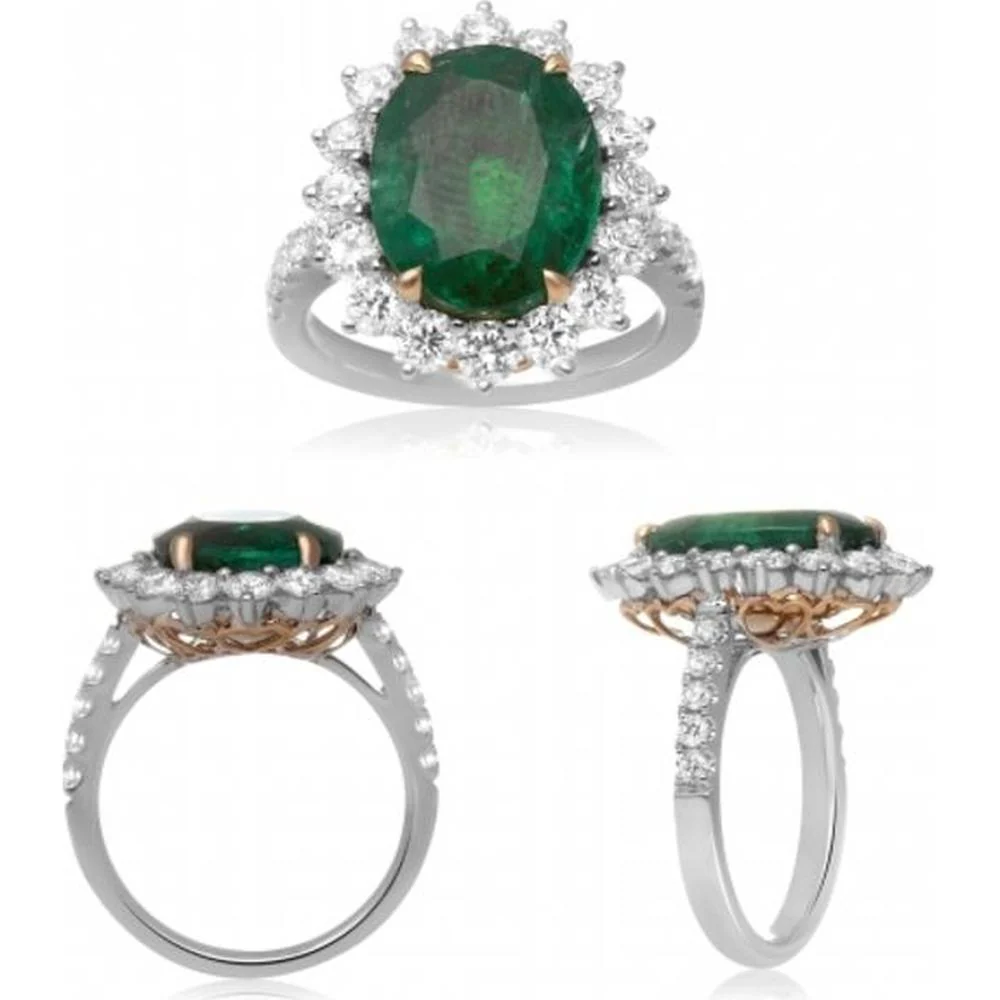 Roman & Jules - Platinum & 18K Yellow Gold Oval Emerald Ring with 6.19 Carat GIA Emerald and 1.87 Carat Total Round Diamond Accents