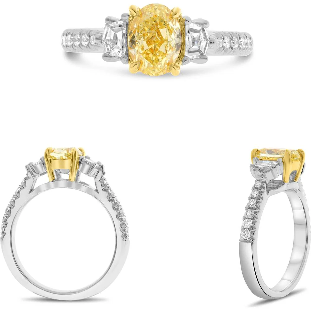 Roman & Jules - Platinum and 18K Yellow Gold Ring with 1.27 Carat Oval Fancy Yellow Diamond and 0.19 Carat Round Diamonds