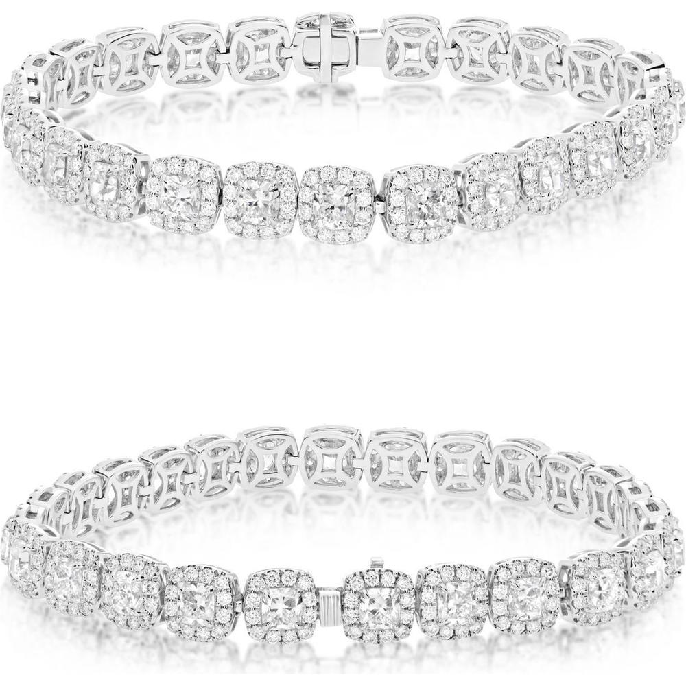 Roman & Jules - Platinum and White Gold Cushion Halo Tennis Bracelet with 11.53 Carat Total Diamond Weight