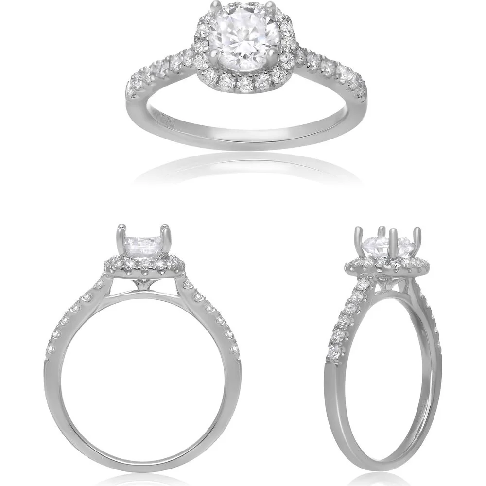 Roman & Jules - Platinum Cushion Halo Ring with Round Diamond Center and Pavé Diamond Accents - 0.39 Carat Total Diamond Weight