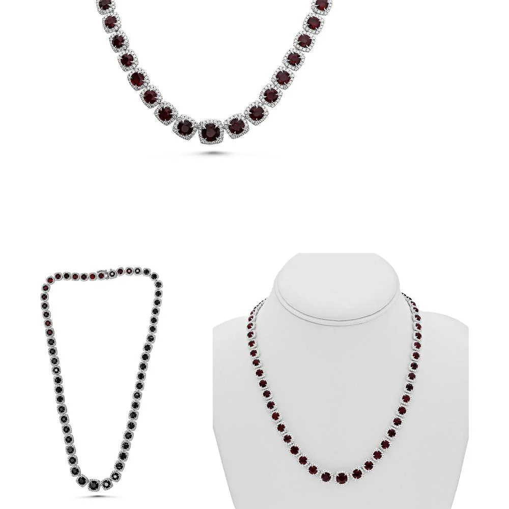 Roman & Jules - Platinum Cushion Ruby Halo Necklace with 30.77 Carat Rubies and 6.31 Carat Round Diamonds
