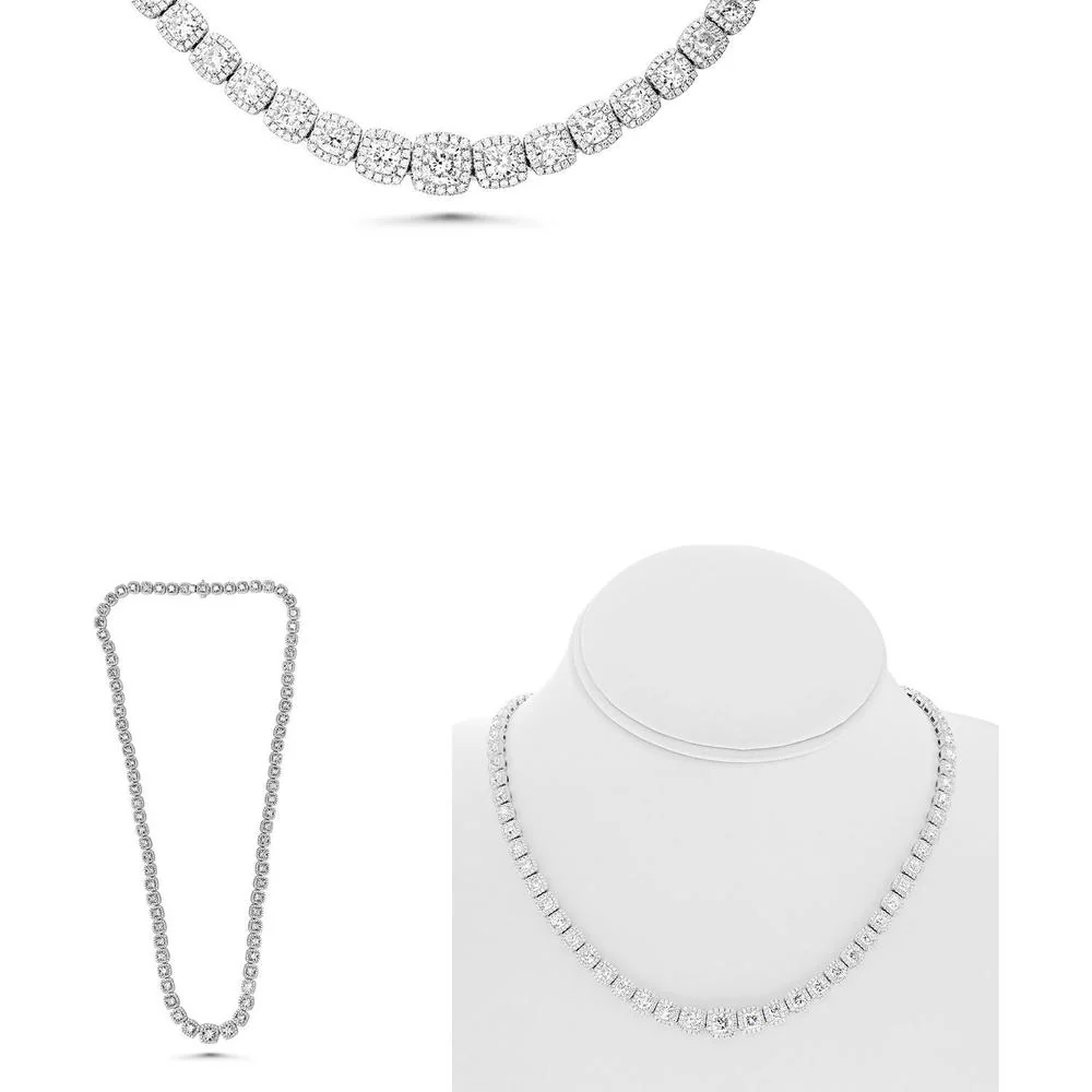 Roman & Jules - Platinum Diamond Tennis Necklace with Halo-Set Round Diamonds and Cushion-Cut Diamonds - 22.26 Carat Total Diamond Weight
