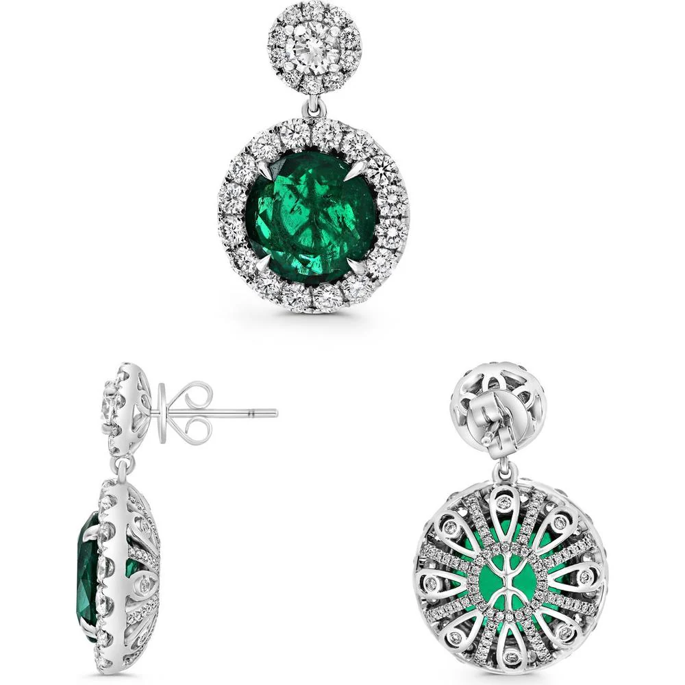 Roman & Jules - Platinum Drop Earrings with GIA-Certified Round Emeralds - 10.38 Carat Total Emerald Weight and 4.12 Carat Total Diamond Weight