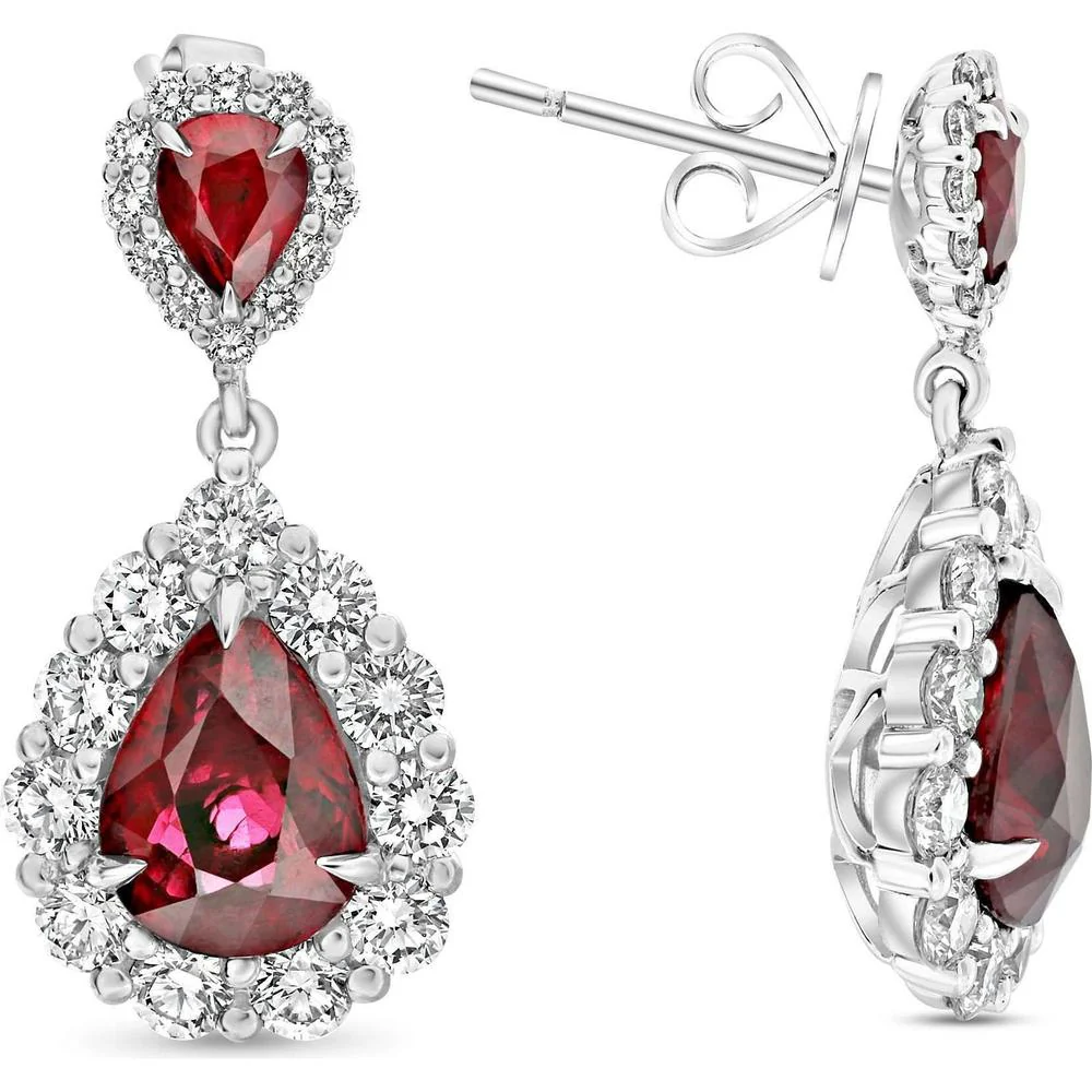 Roman & Jules - Platinum Drop Earrings with Pear-Shaped Rubies and Round Diamond Halos - 1.99 Carat Total Diamond Weight, 4.69 Carat Total Ruby Weight