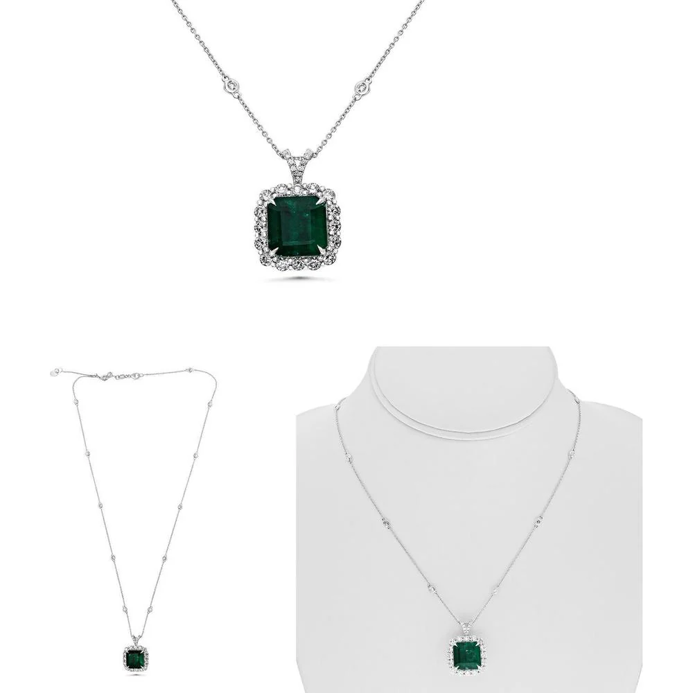 Roman & Jules - Platinum Emerald Cut Emerald and Round Diamond Halo Necklace - 8.29 Carat Emerald and 2.09 Carat Diamond Total Weight