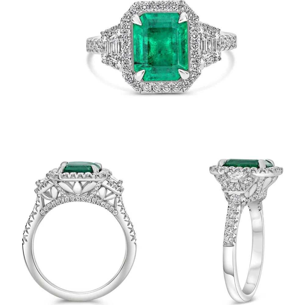 Roman & Jules - Platinum Emerald Cut Emerald Ring with Diamond Halo and Baguette Diamonds - 2.41 Carat Total Emerald Weight