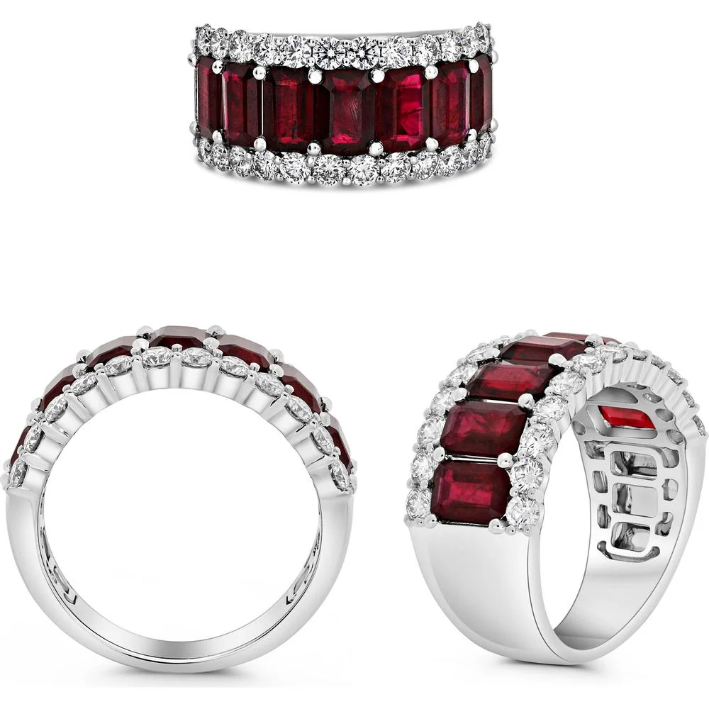 Roman & Jules - Platinum Emerald Cut Ruby and Diamond Eternity Band with Shared Prong Setting - 3.70 Carat Total Ruby Weight and 1.15 Carat Total Diamond Weight