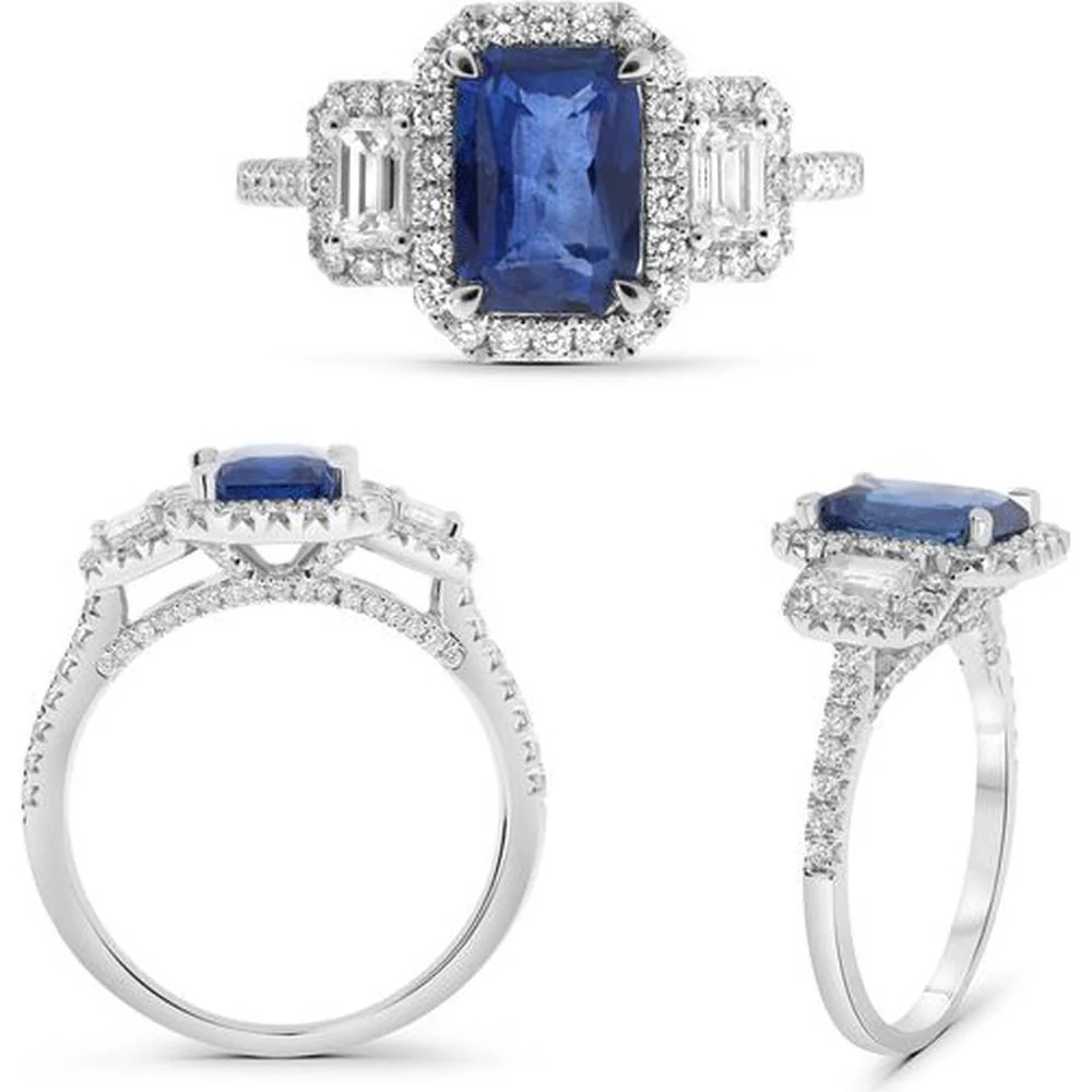 Roman & Jules - Platinum Emerald-Cut Sapphire Ring with Round and Emerald Cut Diamonds - 1.67 Carat Sapphire, 0.42 Carat Round Diamonds, 0.27 Carat Emerald Cut Diamonds