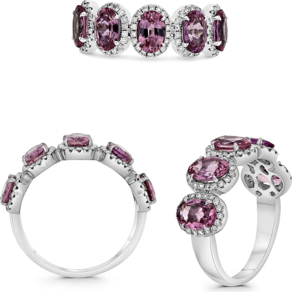 Roman & Jules - Platinum Half-Way Band with Oval Pink Sapphires and Round Diamond Halos - 2.84 Carat Pink Sapphire & 0.35 Carat Diamond Total Weight