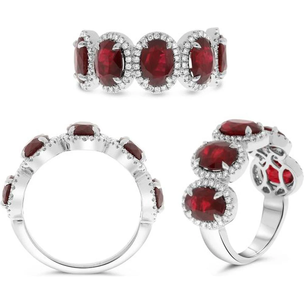 Roman & Jules - Platinum Half-Way Band with Oval Rubies and Round Diamond Halos - 4.16 Carat Ruby and 0.34 Carat Diamond Total Weight