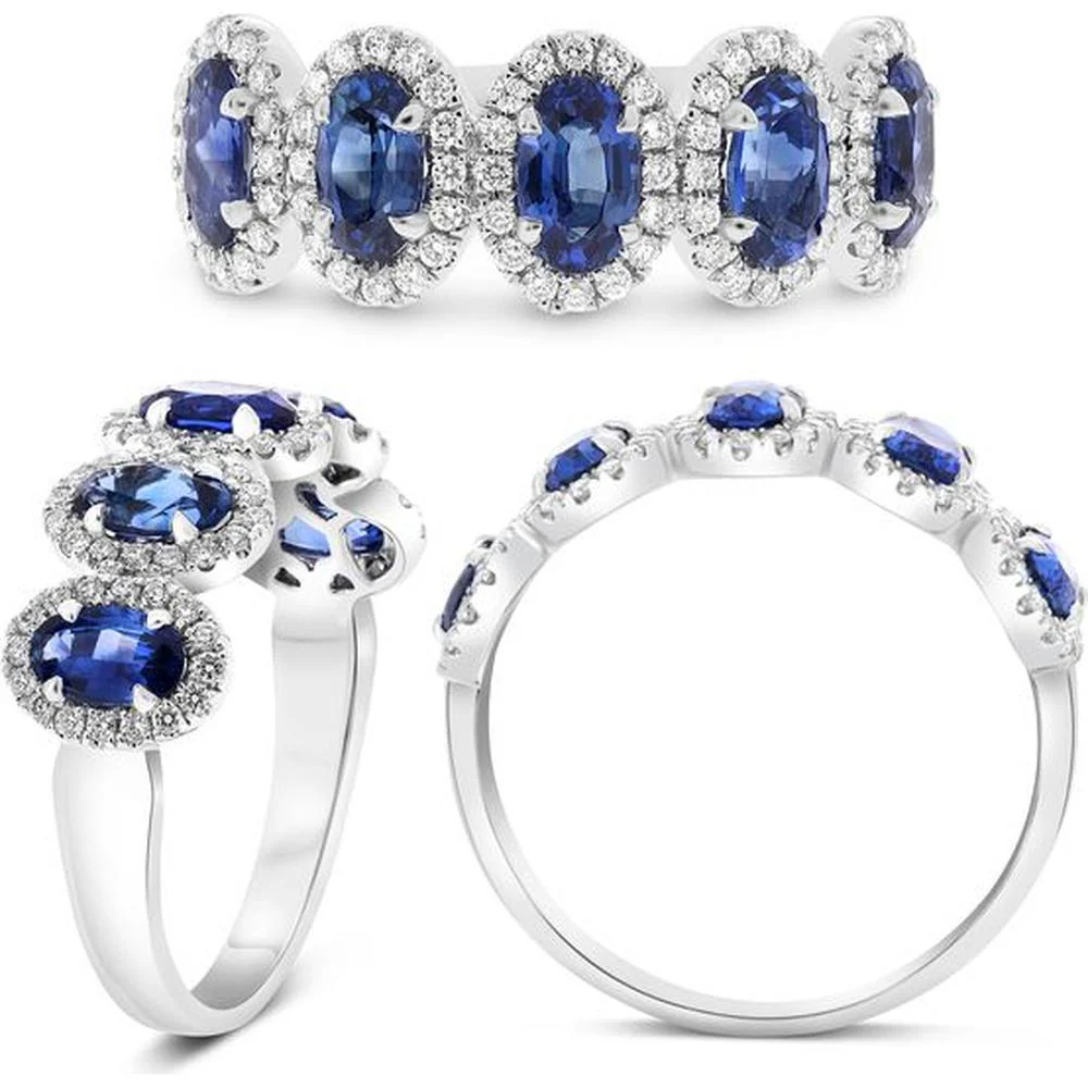 Roman & Jules - Platinum Half-Way Band with Oval Sapphires and Round Diamond Halos - 2.27 Carat Total Gemstone Weight