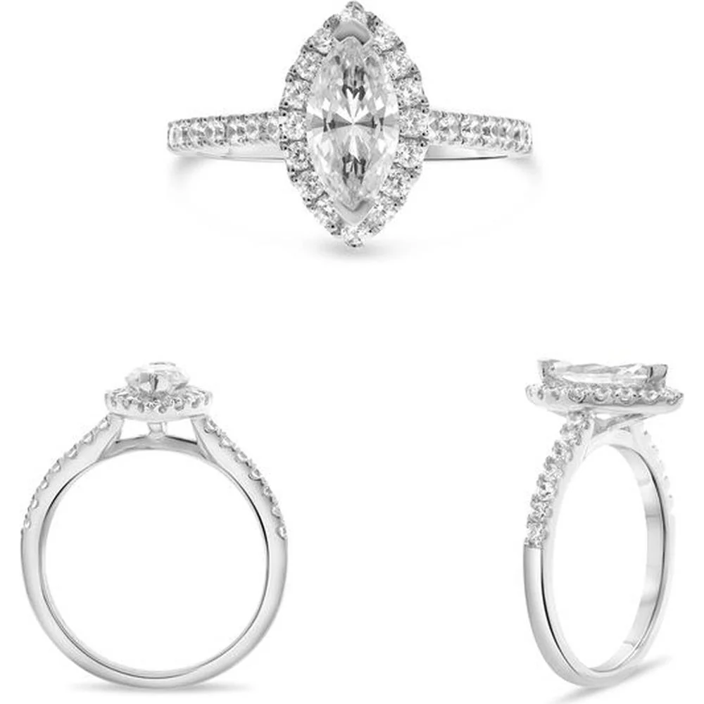 Roman & Jules - Platinum Halo Engagement Ring with 0.98 Carat Marquise Diamond and 0.46 Carat Round Diamond Accents