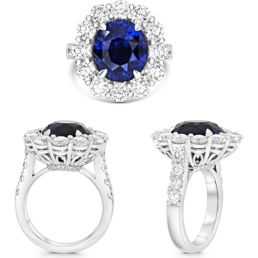 Roman & Jules - Platinum Halo Ring with Oval Sapphire and Round Diamonds - 9.38 Carat Sapphire and 3.68 Carat Diamond Weight