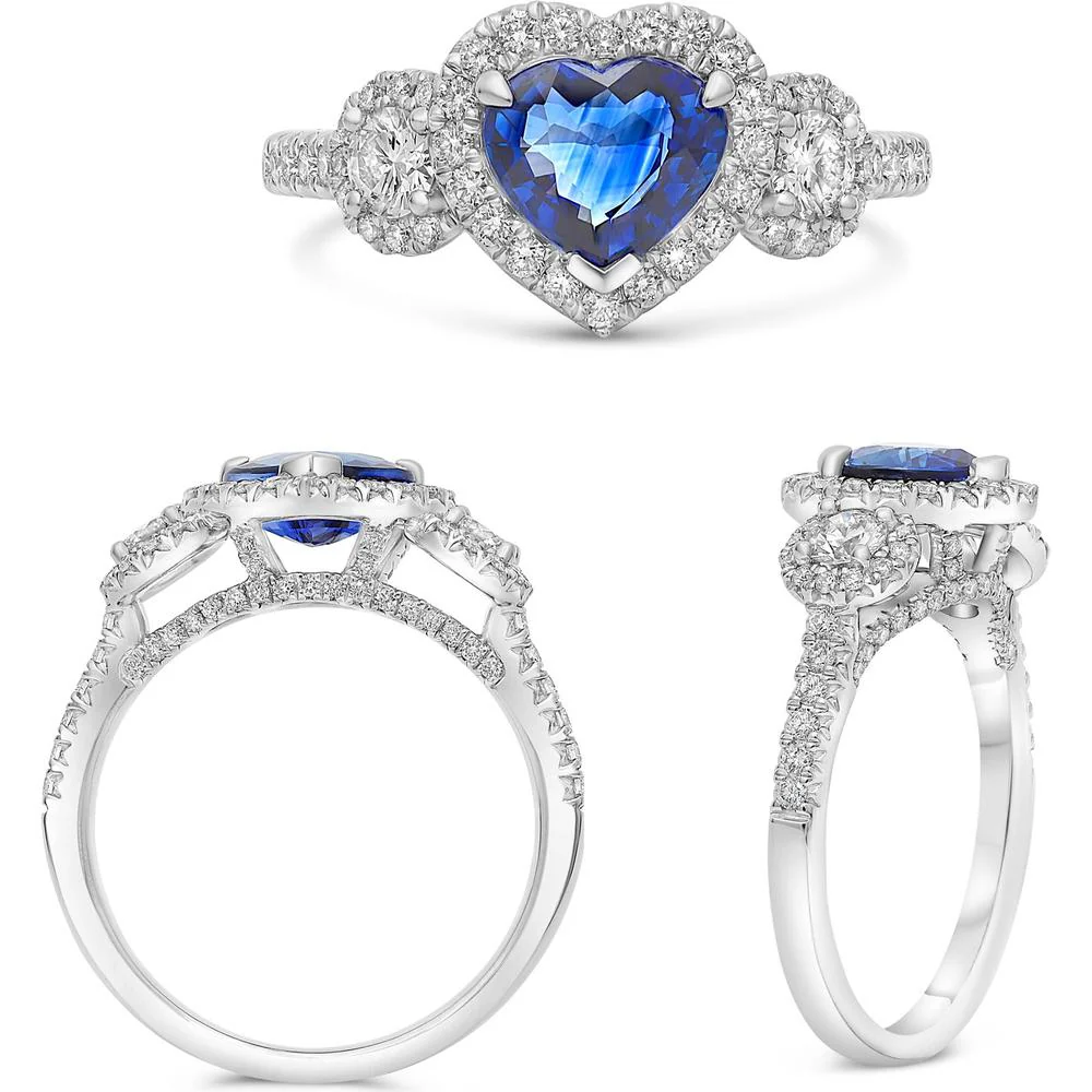 Roman & Jules - Platinum Heart-Shaped Sapphire and Round Diamond Halo Ring - 1.45 Carat Sapphire, 0.68 Carat Total Diamond Weight