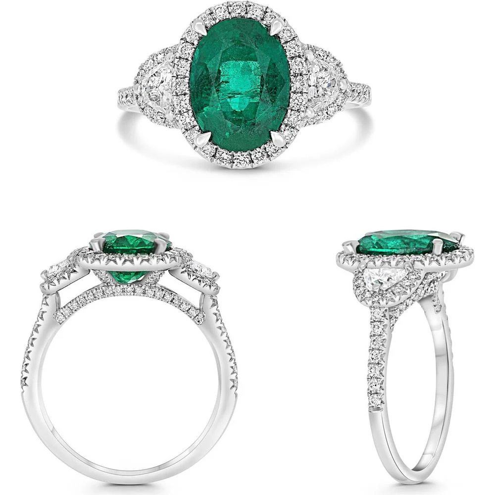 Roman & Jules - Platinum Oval Emerald Ring with Diamond Accents - 2.74 Carat Emerald and 0.85 Carat Total Diamond Weight